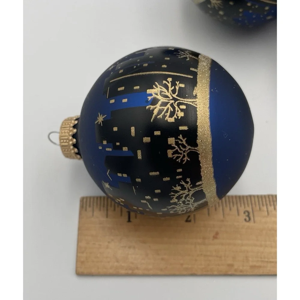 Vtg. Christmas Ornaments Krebs Set / 9 Sapphire Blue Santa's Sleigh City Skyline